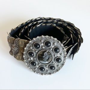 Antique Silver Bronze Metal Beaded Rhinestone Buckle Elastic Band Belt 31